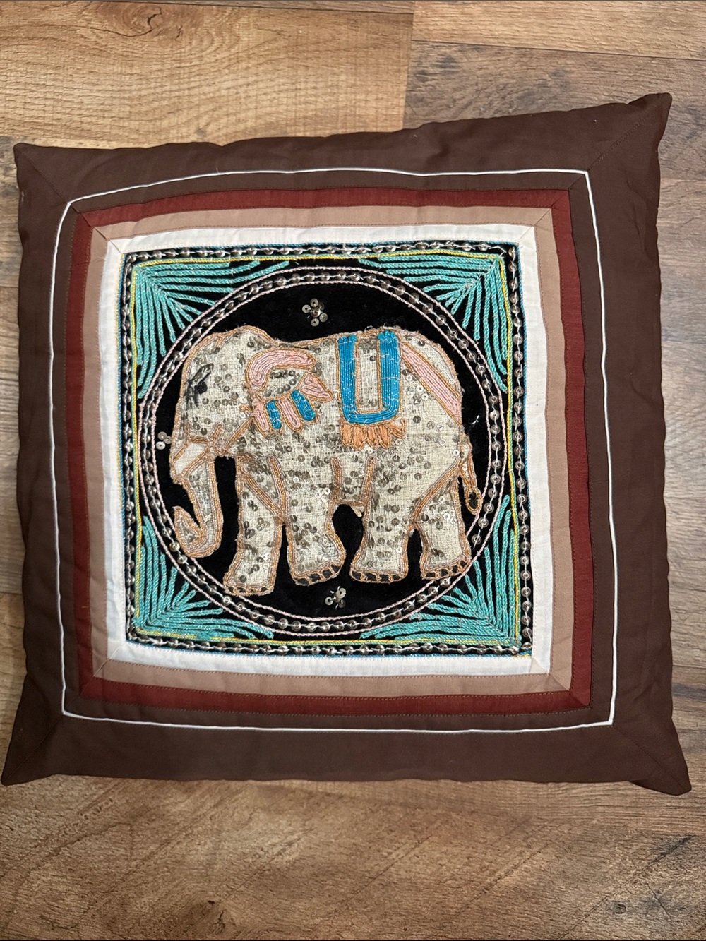 Artisan Embroidered Elephant Throw Pillow - Brown, Teal & Cream vintage silk